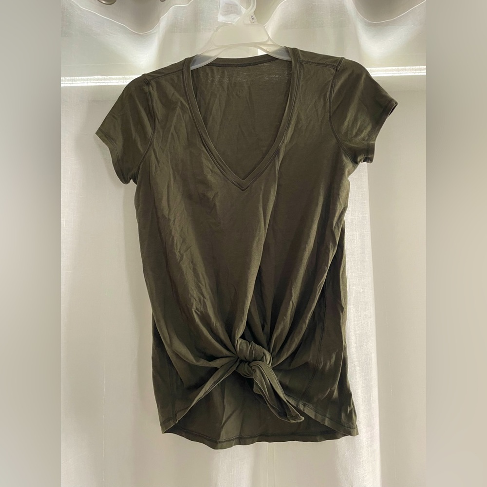 lululemon athletica Olive Green Short Sleeve V-Neck Knot Front Tee